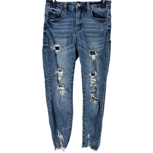 KanCan Jeans Junior Size 5 / 26 Blue Denim Distressed Mid Rise Ripped PUCKERING - Picture 1 of 6